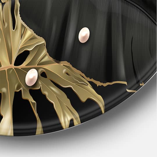 Designart - Black and Gold Tropical Leaves III - Modern Metal Circle Wall Art